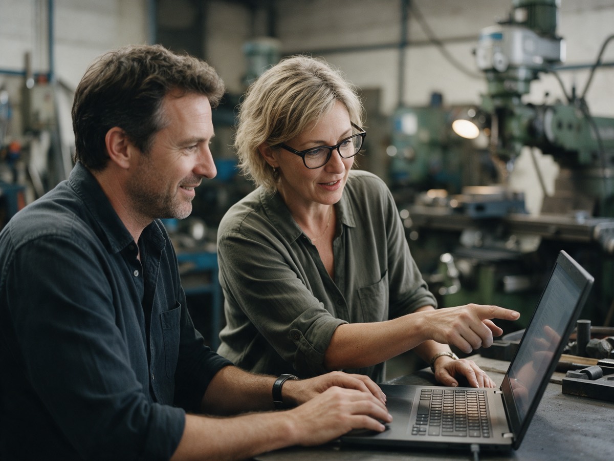 Berater und Inhaberin eines Metallbaubetriebs schauen in der Werkstatt gemeinsam auf einen Laptop